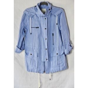 Joie Designer Blue Striped Anorak Barker Hooded Linen Jacket Blazer Size M